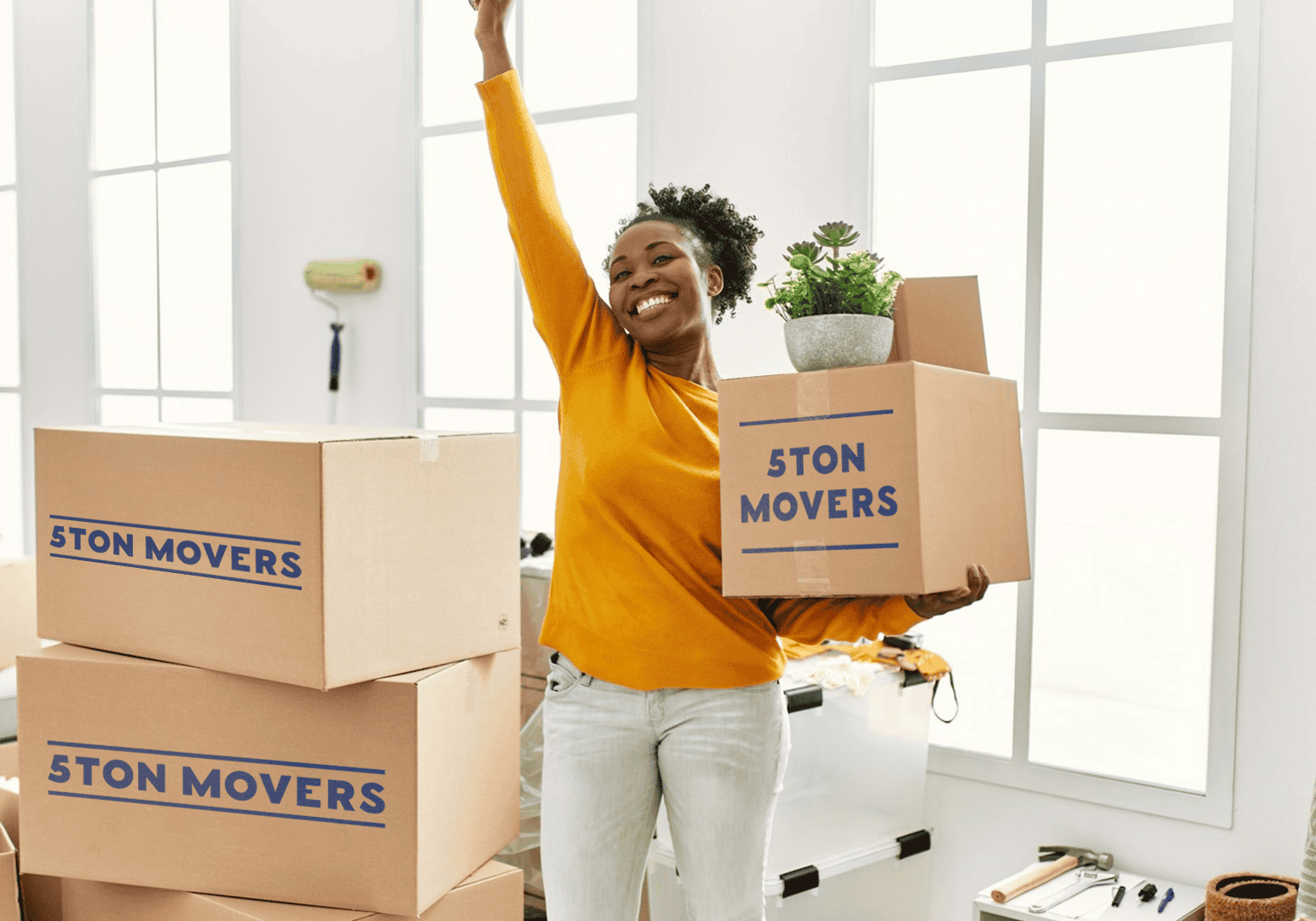 joyful moving with boxes
