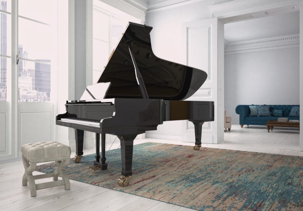 black piano in a living room. 3d rendering